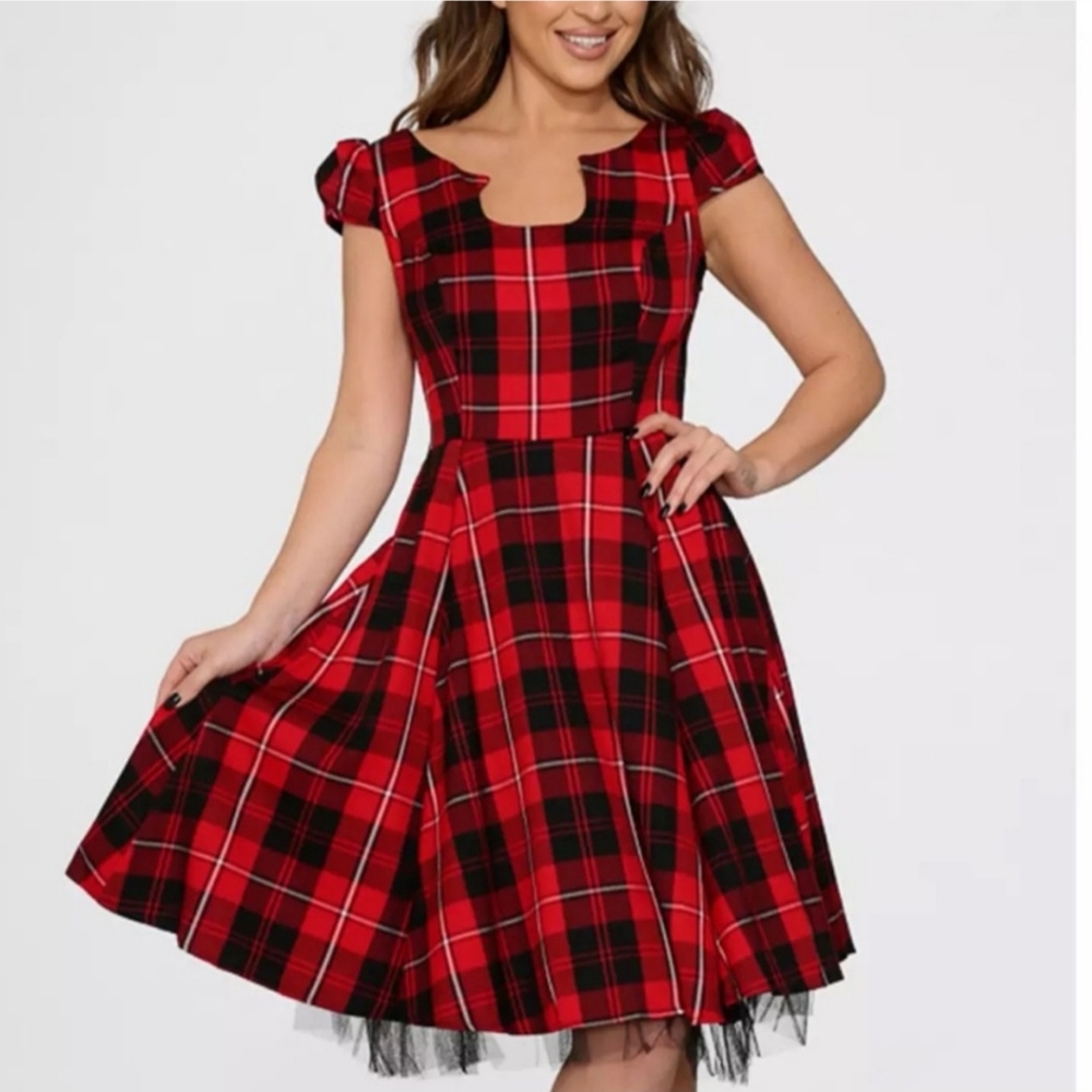 Hearts & Roses Red Black Plaid Tartan Swing Dress Women's Size 12 NWT